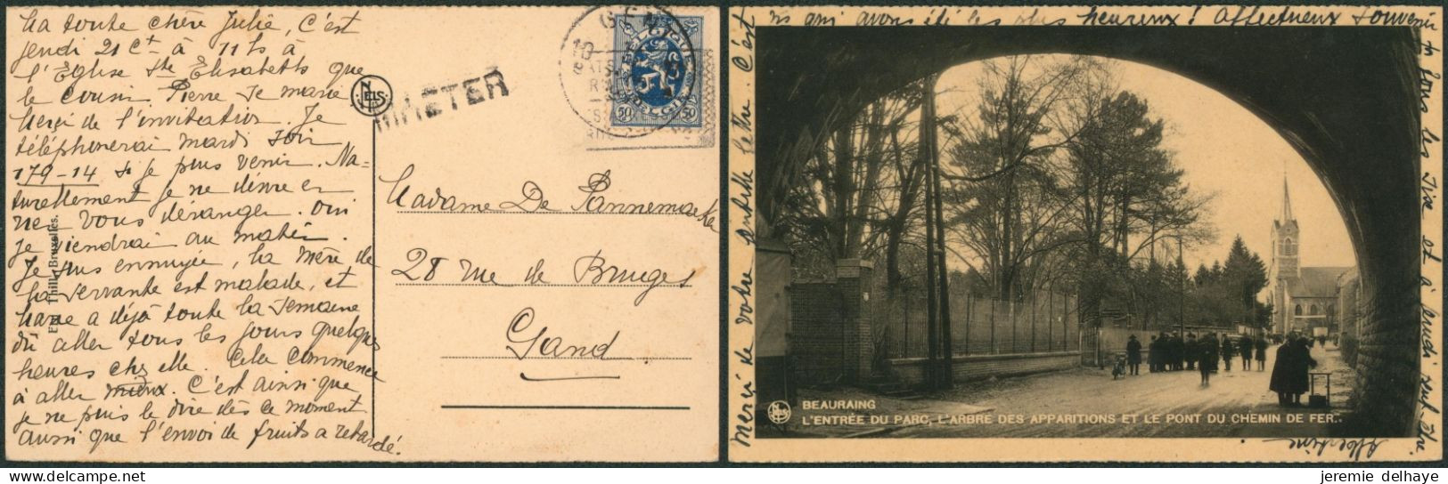 Lion Héraldique 50C Sur CP Expédiée De Gent (193x) + Griffe à L'originie MAETER > Gand - Linear Postmarks