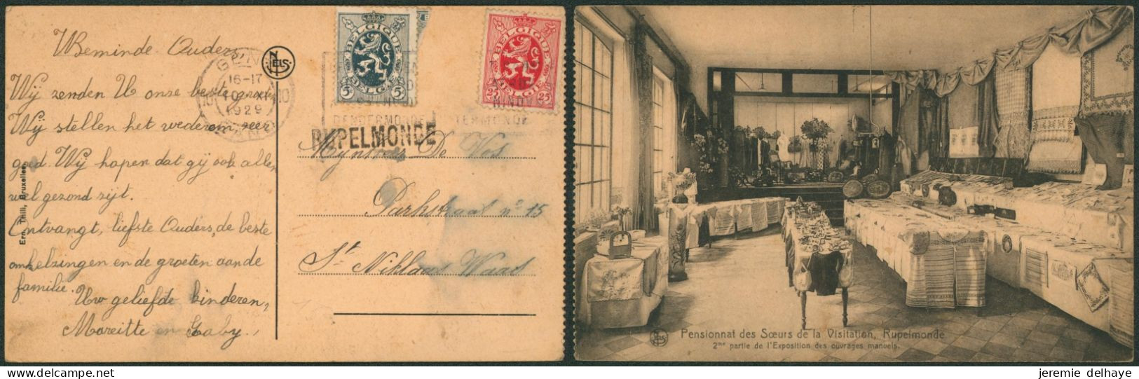 Lion Héraldique - 5C + 25C Sur CP Expédiée De Gent (1929) + Griffe à L'originie RUPELMONDE > St-Niklaas-Waas - Linear Postmarks