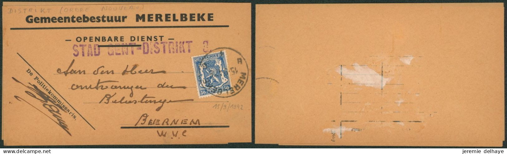 Petit Sceau De L'état 50ctm Sur Manchon "Gementebestuur MERELBEKE" + Griffe Violette STAD GENT DISTRIKT 3 > Beernem - Linear Postmarks