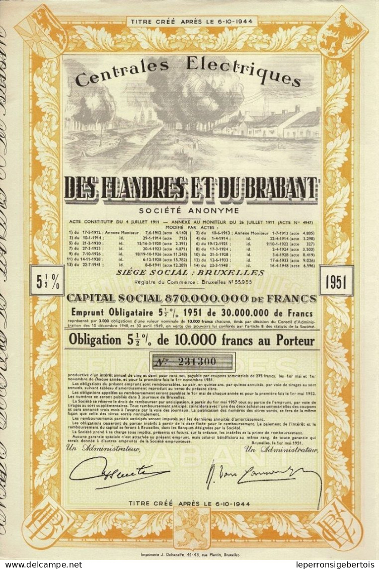 Obligation De 1951 - Centrales Electriques Des Flandres Et Du Brabant - Déco - Electricidad & Gas