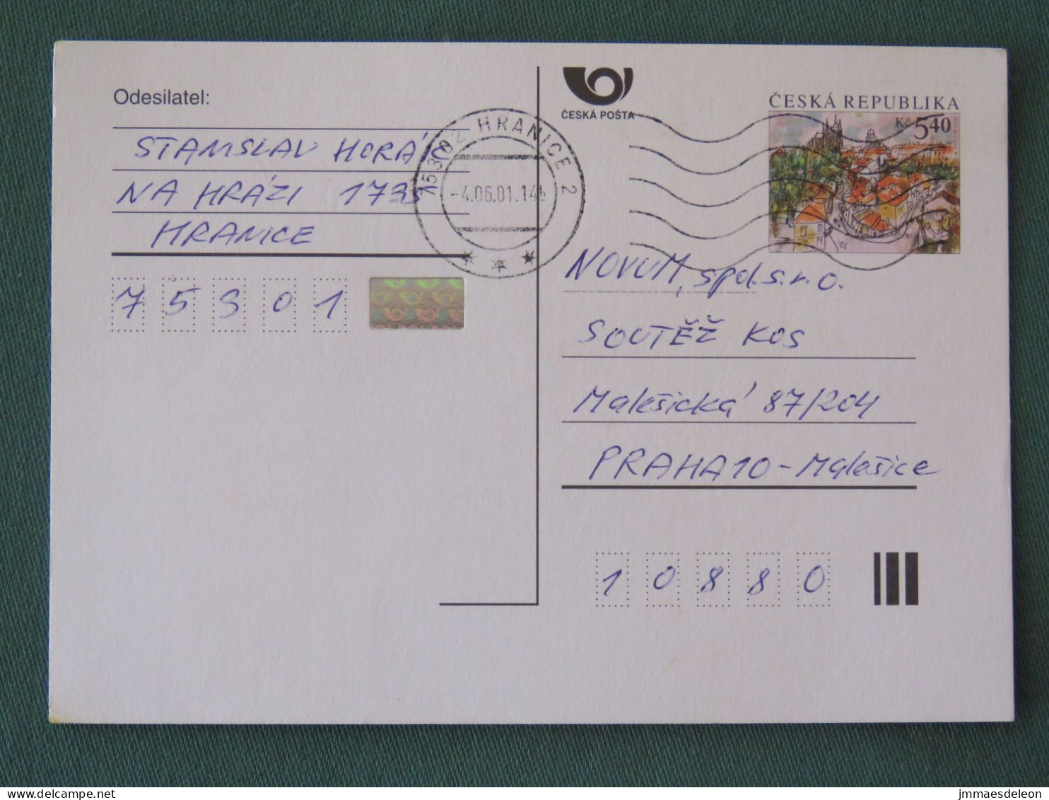 Czech Republic 2001 Stationery Postcard 5.40 Kcs Prague Sent Locally - Lettres & Documents