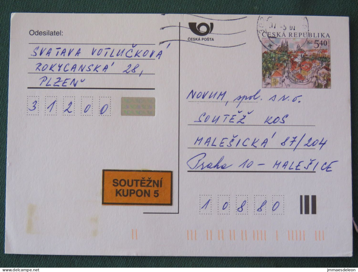 Czech Republic 2001 Stationery Postcard 5.40 Kcs Prague Sent Locally - Lettres & Documents