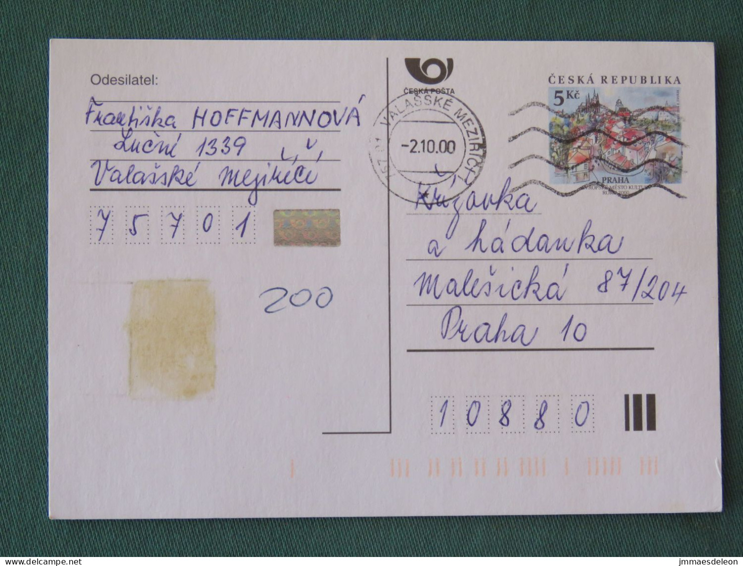 Czech Republic 2001 Stationery Postcard 5.40 Kcs Prague Sent Locally - Lettres & Documents