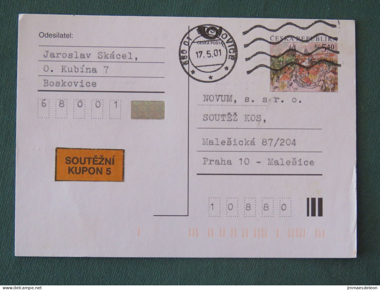 Czech Republic 2001 Stationery Postcard 5.40 Kcs Prague Sent Locally - Lettres & Documents