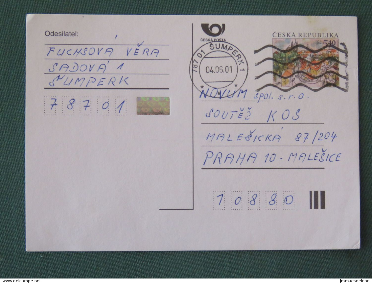 Czech Republic 2001 Stationery Postcard 5.40 Kcs Prague Sent Locally - Lettres & Documents