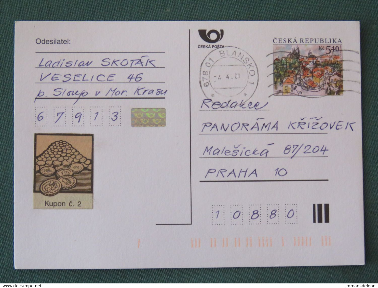 Czech Republic 2001 Stationery Postcard 5.40 Kcs Prague Sent Locally - Lettres & Documents