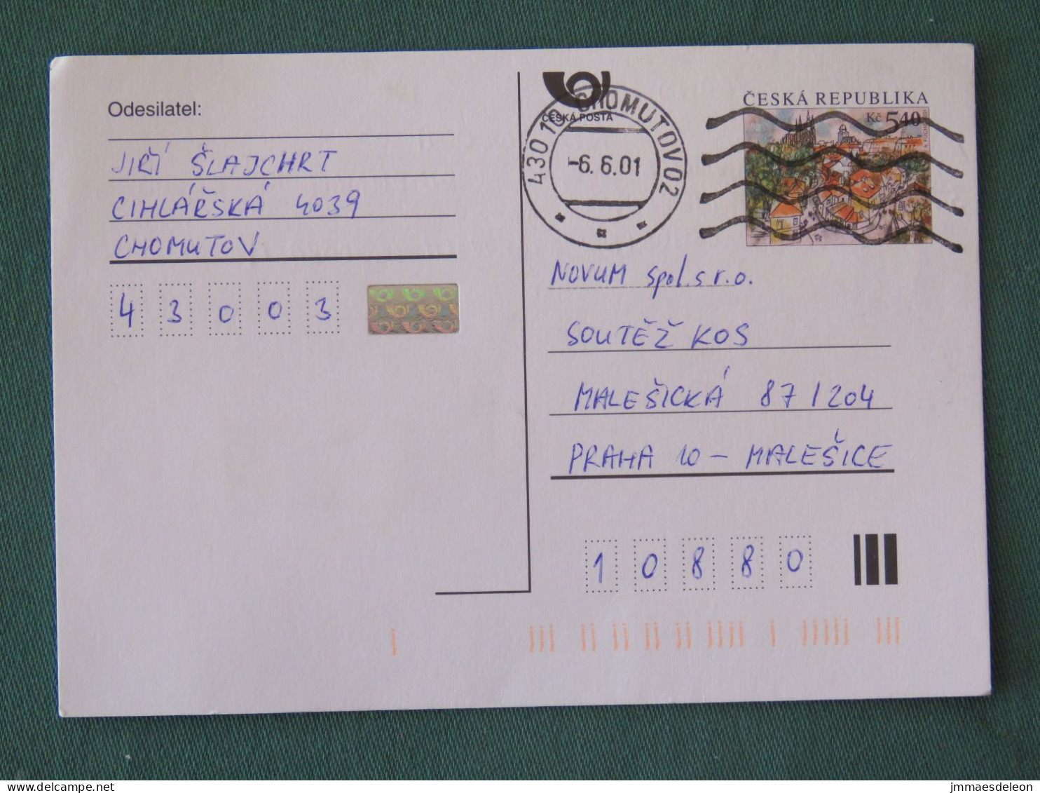 Czech Republic 2001 Stationery Postcard 5.40 Kcs Prague Sent Locally - Lettres & Documents