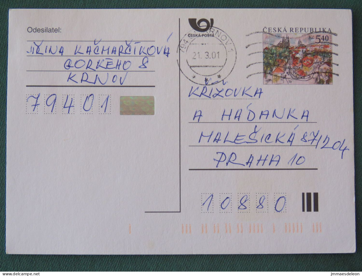 Czech Republic 2001 Stationery Postcard 5.40 Kcs Prague Sent Locally - Lettres & Documents