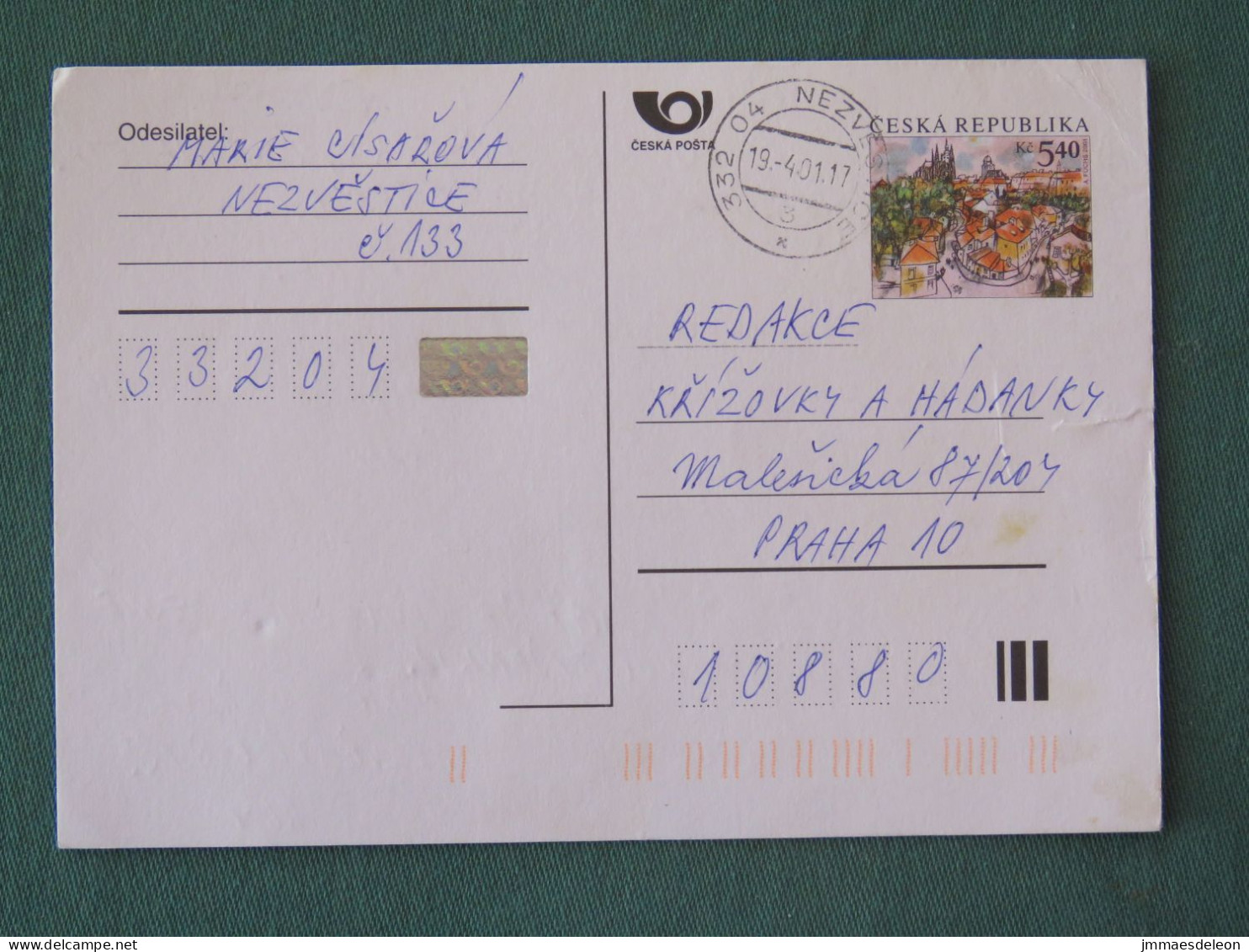 Czech Republic 2001 Stationery Postcard 5.40 Kcs Prague Sent Locally - Lettres & Documents