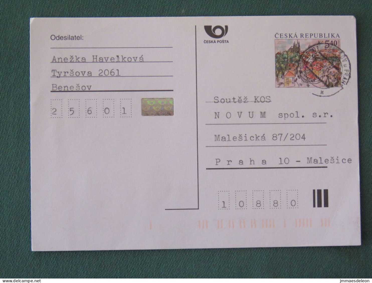 Czech Republic 2001 Stationery Postcard 5.40 Kcs Prague Sent Locally - Lettres & Documents