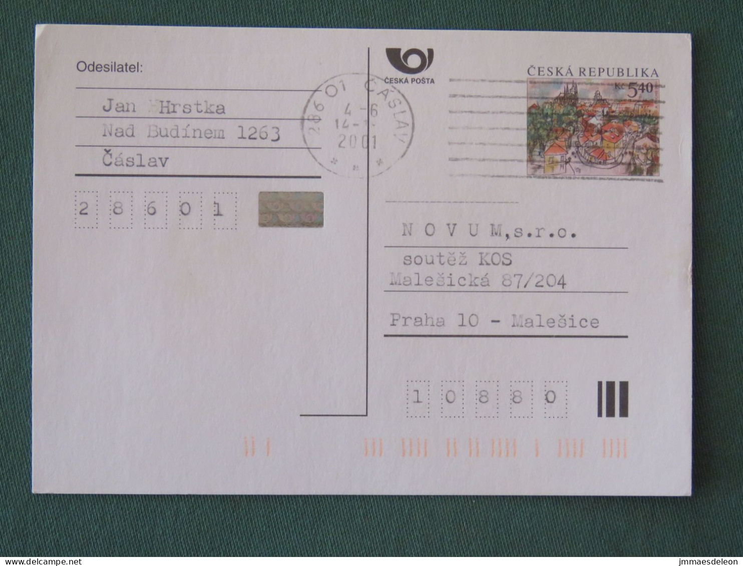 Czech Republic 2001 Stationery Postcard 5.40 Kcs Prague Sent Locally - Lettres & Documents