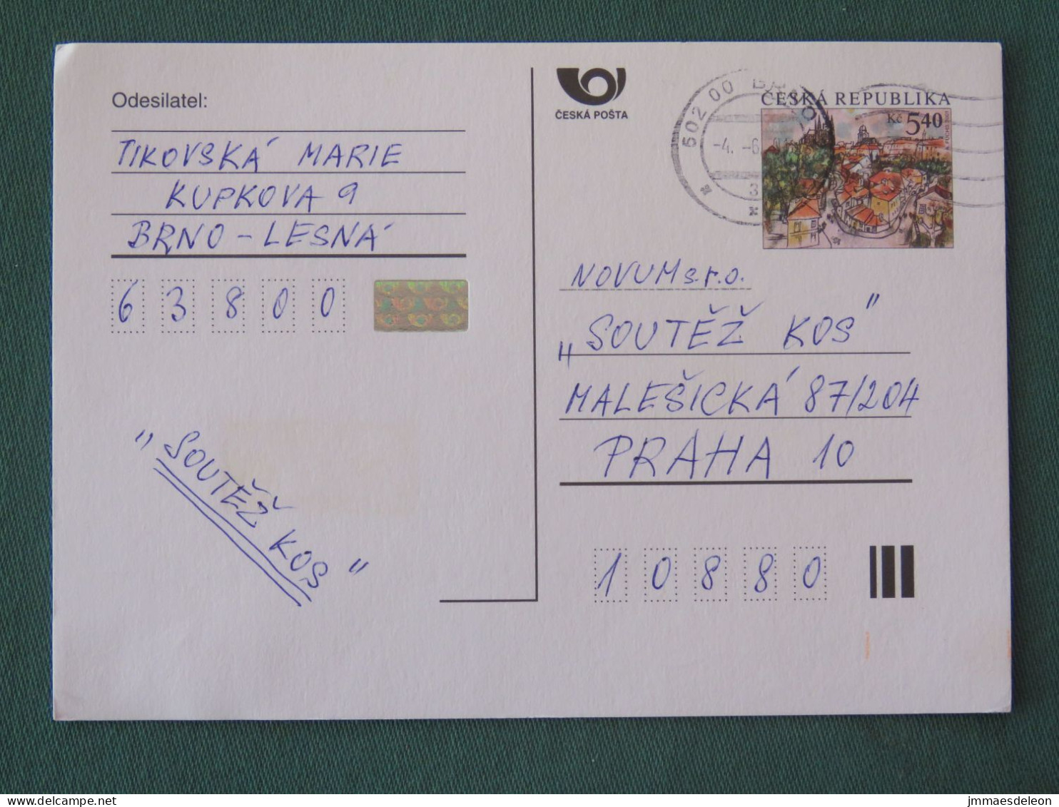 Czech Republic 2001 Stationery Postcard 5.40 Kcs Prague Sent Locally - Lettres & Documents