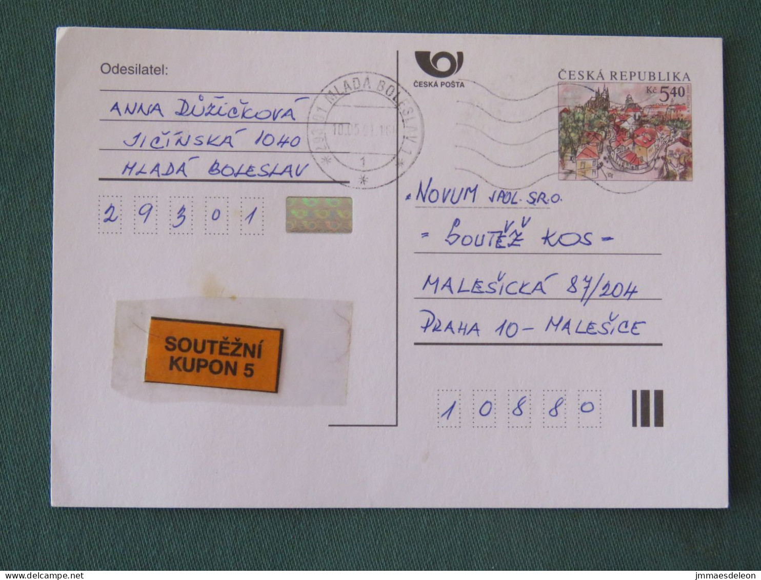 Czech Republic 2001 Stationery Postcard 5.40 Kcs Prague Sent Locally - Lettres & Documents