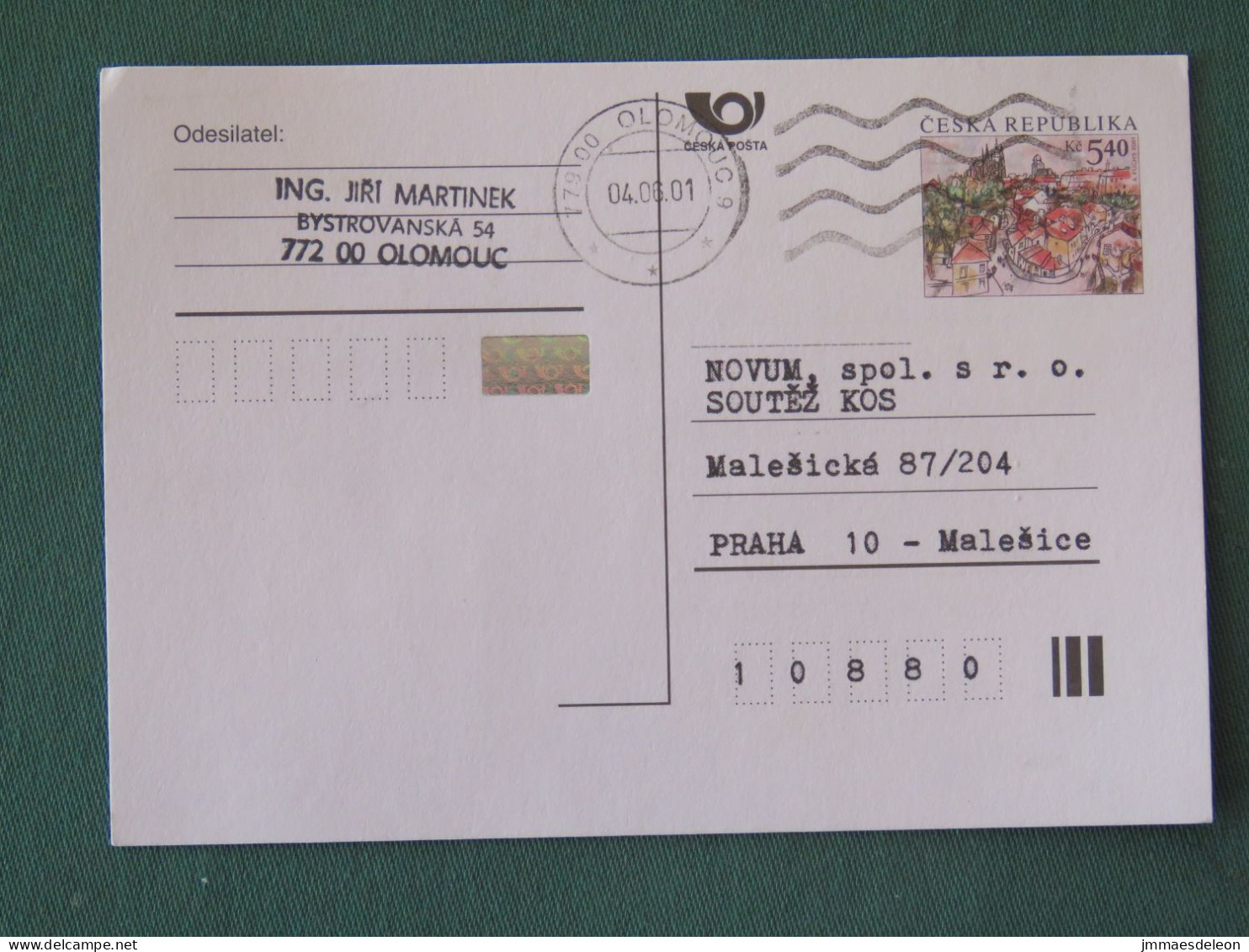 Czech Republic 2001 Stationery Postcard 5.40 Kcs Prague Sent Locally - Lettres & Documents