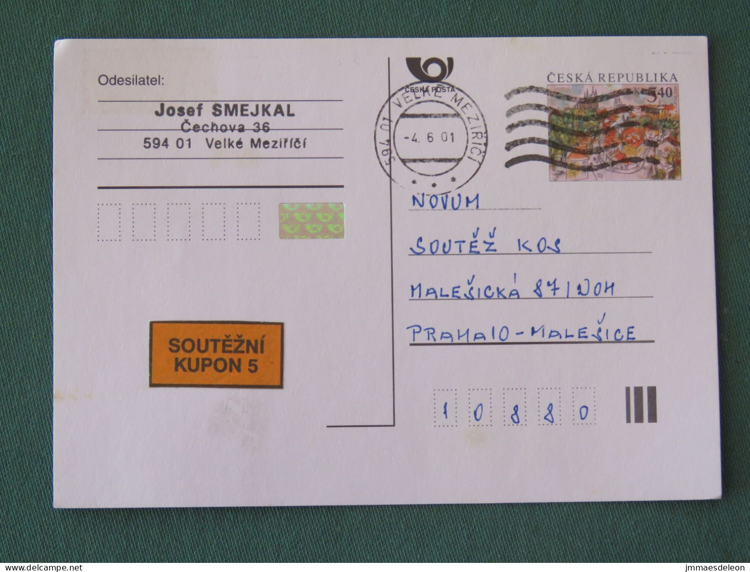 Czech Republic 2001 Stationery Postcard 5.40 Kcs Prague Sent Locally - Lettres & Documents