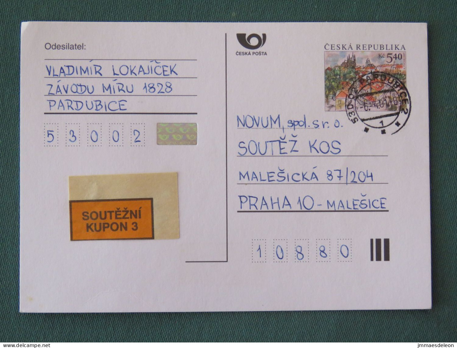 Czech Republic 2001 Stationery Postcard 5.40 Kcs Prague Sent Locally - Lettres & Documents