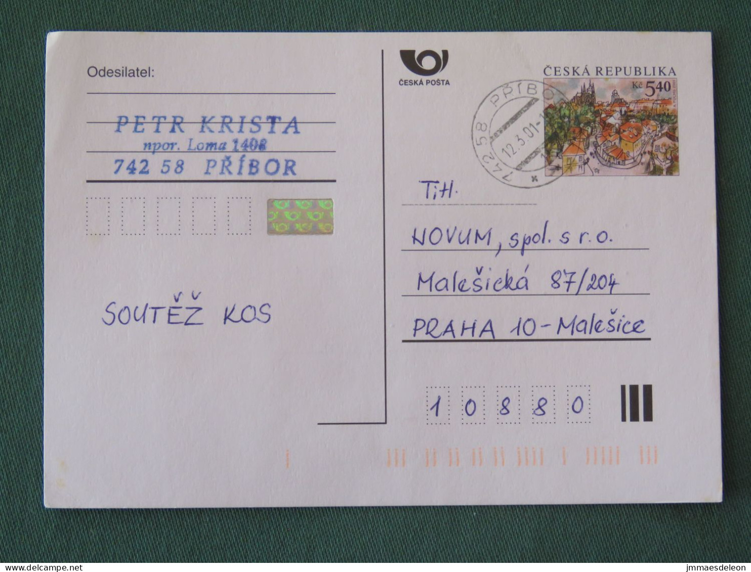 Czech Republic 2001 Stationery Postcard 5.40 Kcs Prague Sent Locally - Lettres & Documents