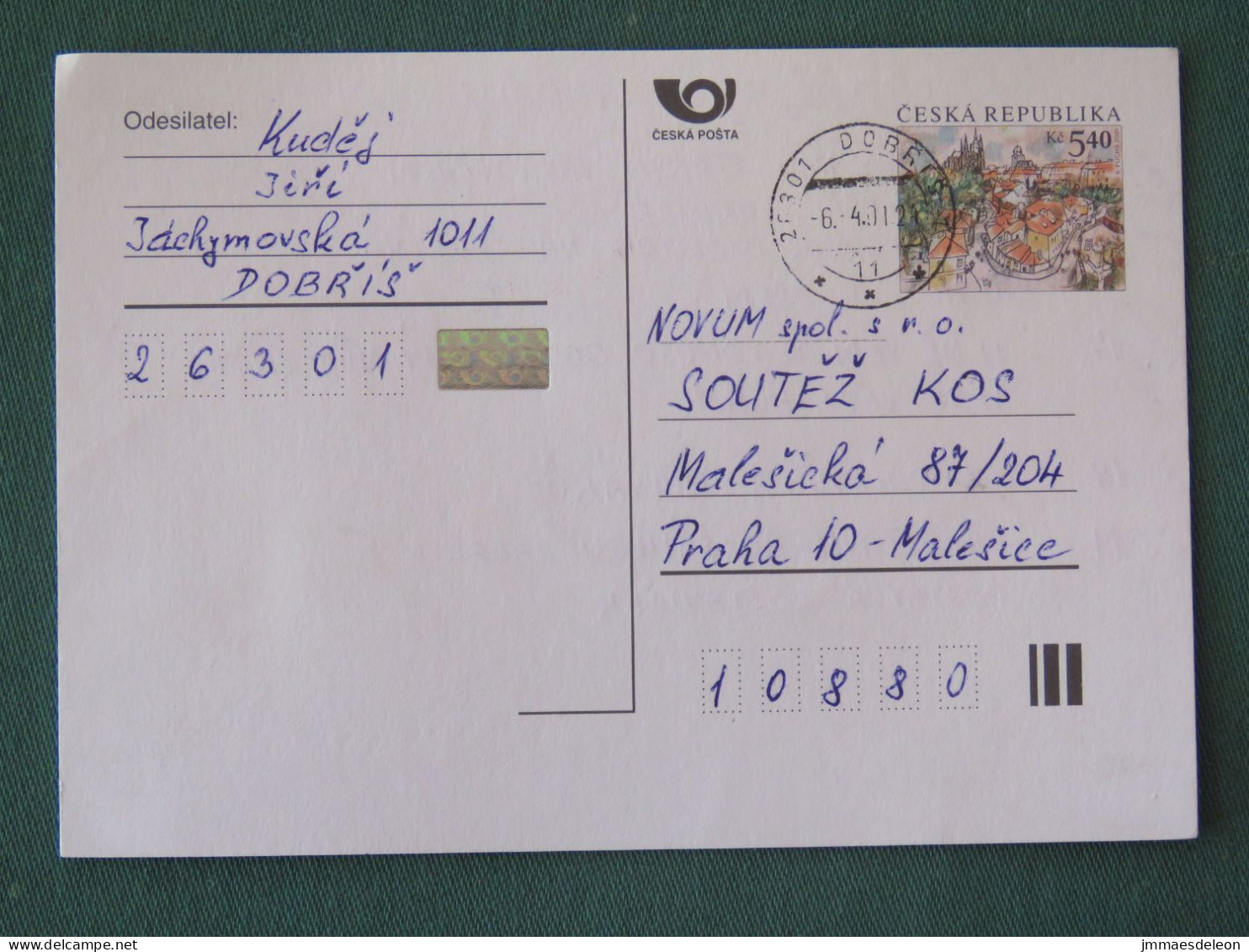 Czech Republic 2001 Stationery Postcard 5.40 Kcs Prague Sent Locally - Lettres & Documents