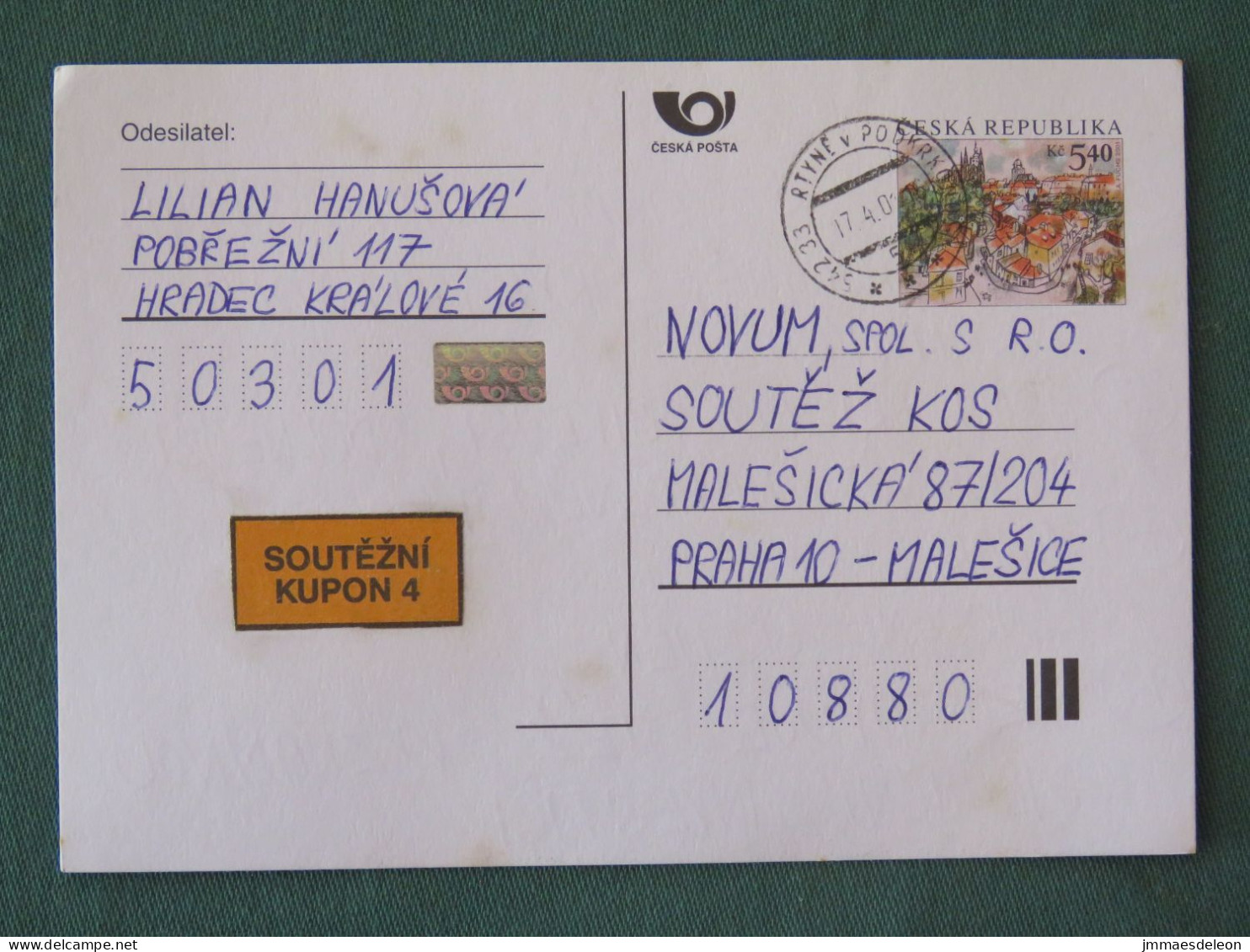 Czech Republic 2001 Stationery Postcard 5.40 Kcs Prague Sent Locally - Lettres & Documents