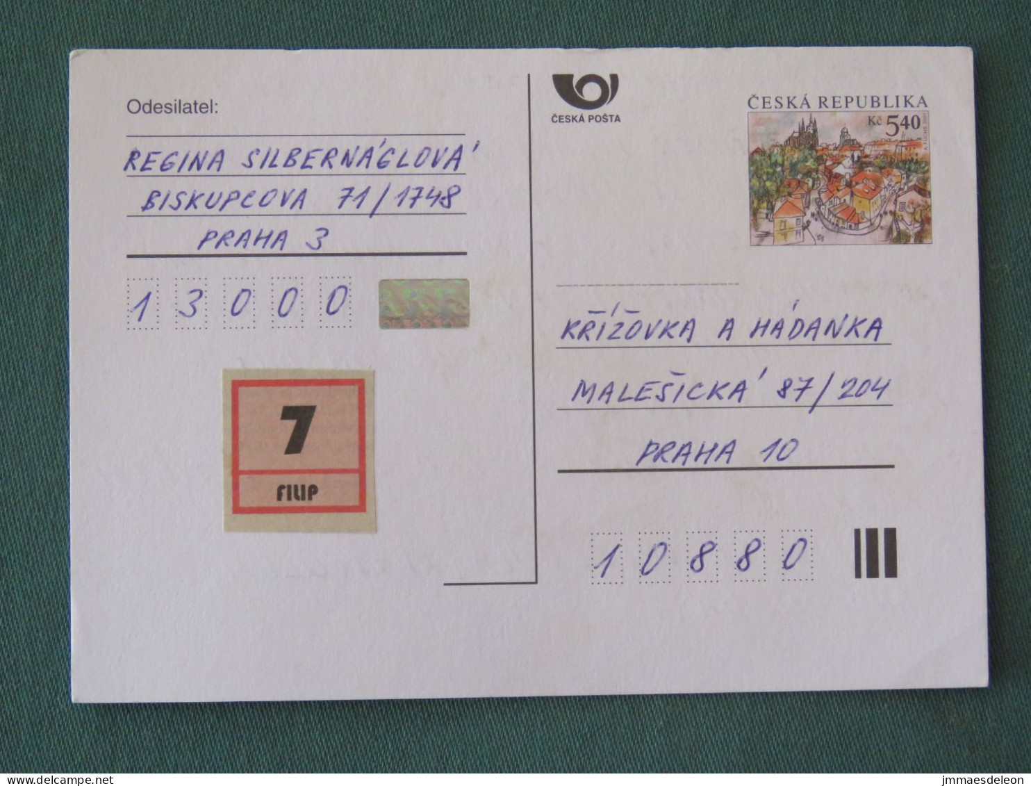 Czech Republic 2001 Stationery Postcard 5.40 Kcs Prague Sent Locally - Briefe U. Dokumente