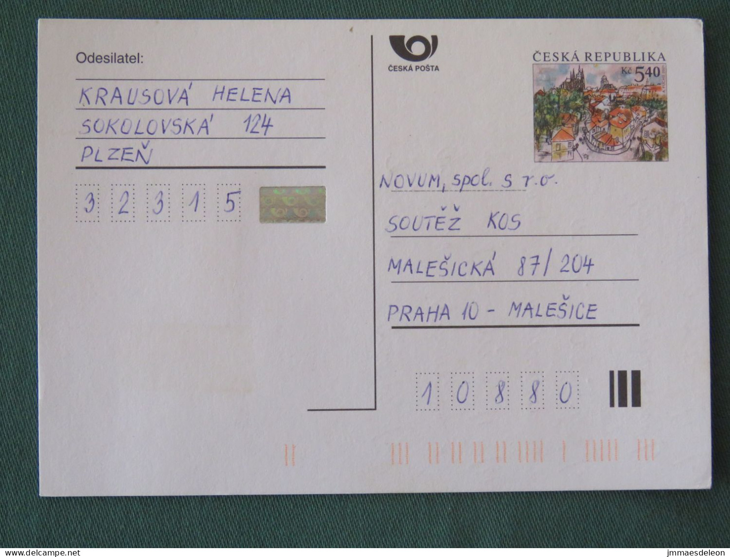 Czech Republic 2001 Stationery Postcard 5.40 Kcs Prague Sent Locally - Lettres & Documents