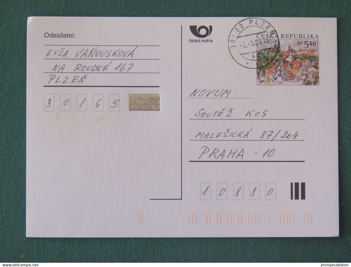 Czech Republic 2001 Stationery Postcard 5.40 Kcs Prague Sent Locally - Cartas & Documentos