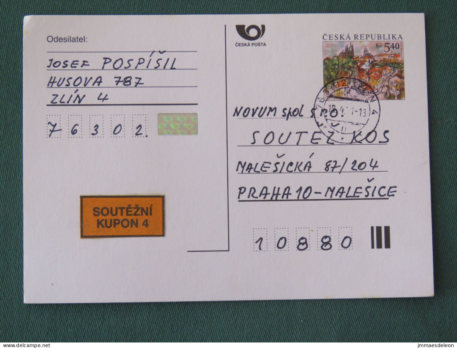 Czech Republic 2001 Stationery Postcard 5.40 Kcs Prague Sent Locally - Lettres & Documents