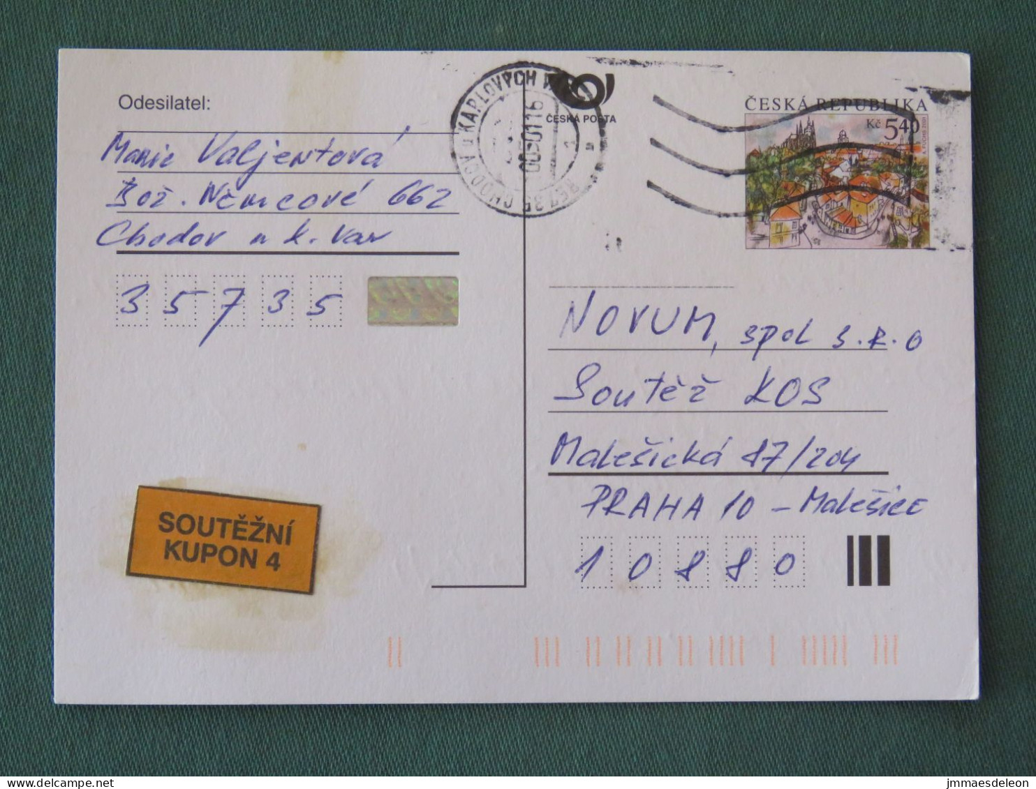 Czech Republic 2001 Stationery Postcard 5.40 Kcs Prague Sent Locally - Lettres & Documents