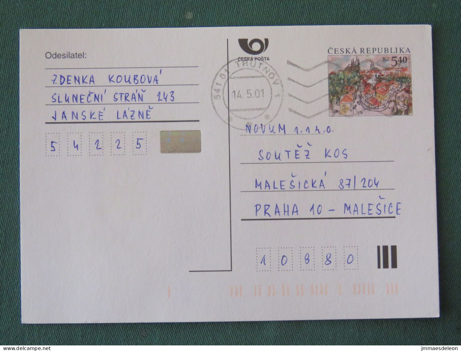 Czech Republic 2001 Stationery Postcard 5.40 Kcs Prague Sent Locally - Lettres & Documents