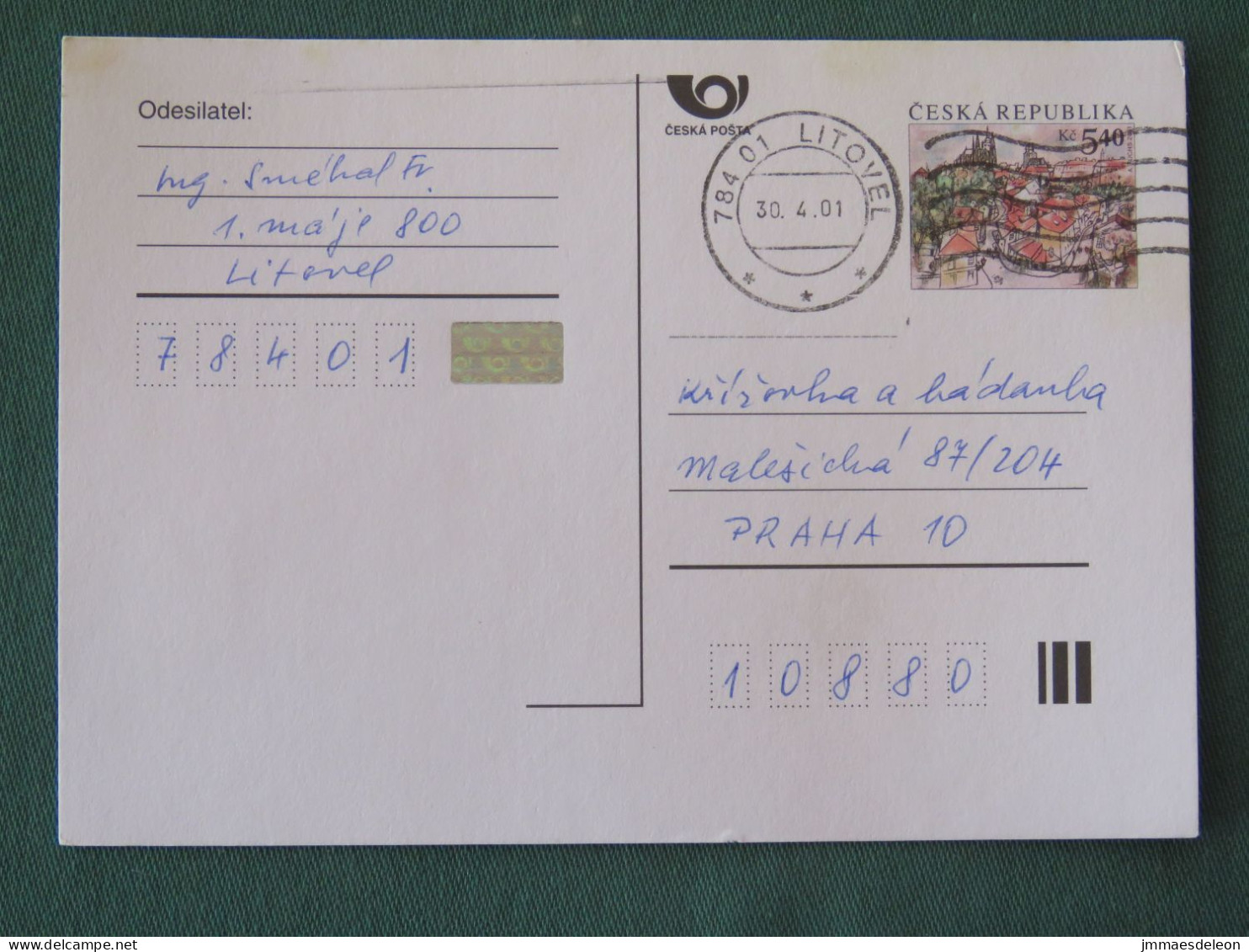 Czech Republic 2001 Stationery Postcard 5.40 Kcs Prague Sent Locally - Lettres & Documents