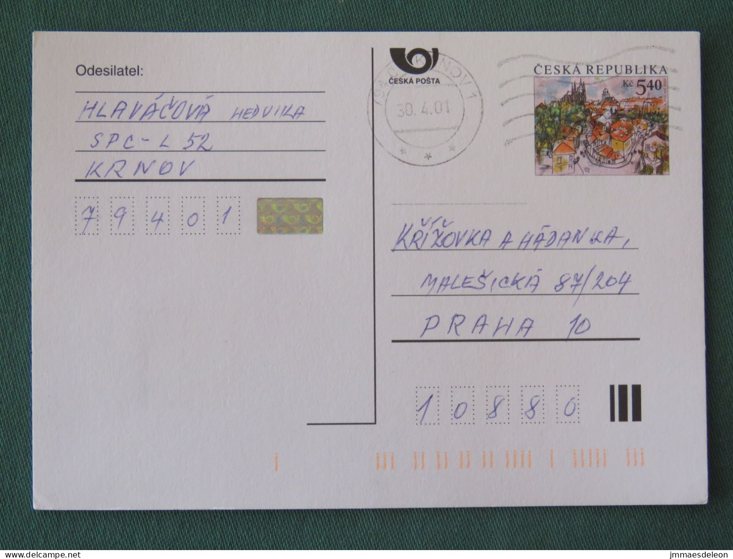 Czech Republic 2001 Stationery Postcard 5.40 Kcs Prague Sent Locally - Lettres & Documents