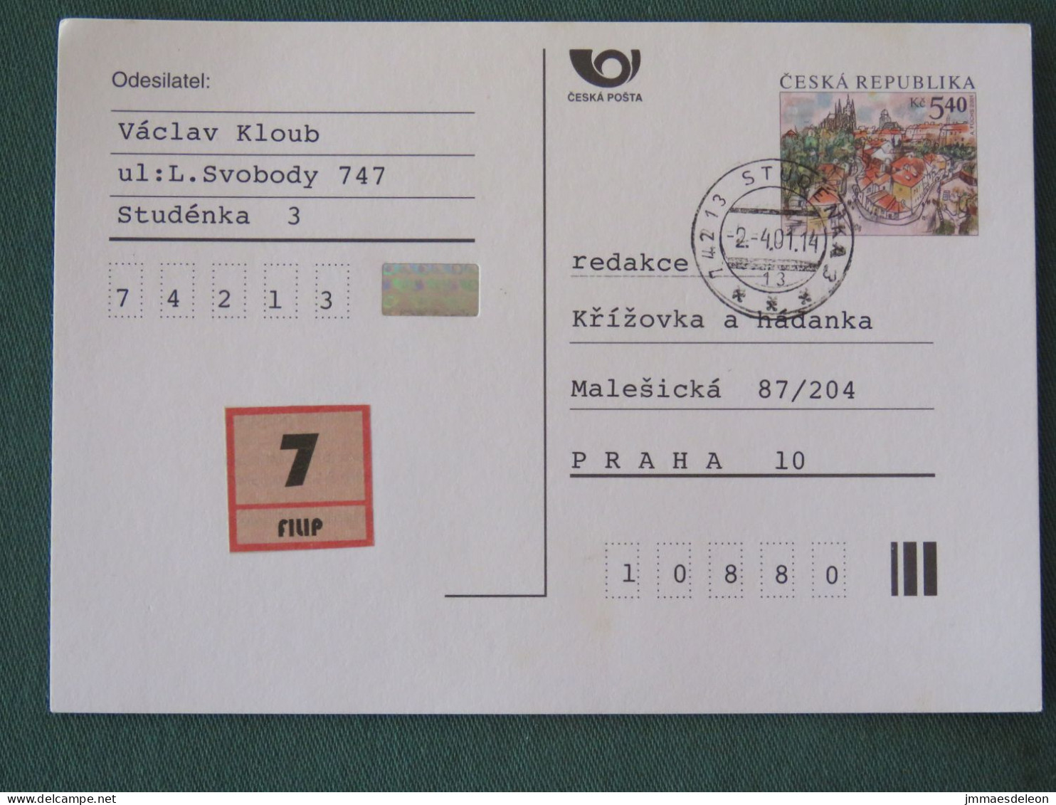 Czech Republic 2001 Stationery Postcard 5.40 Kcs Prague Sent Locally - Lettres & Documents