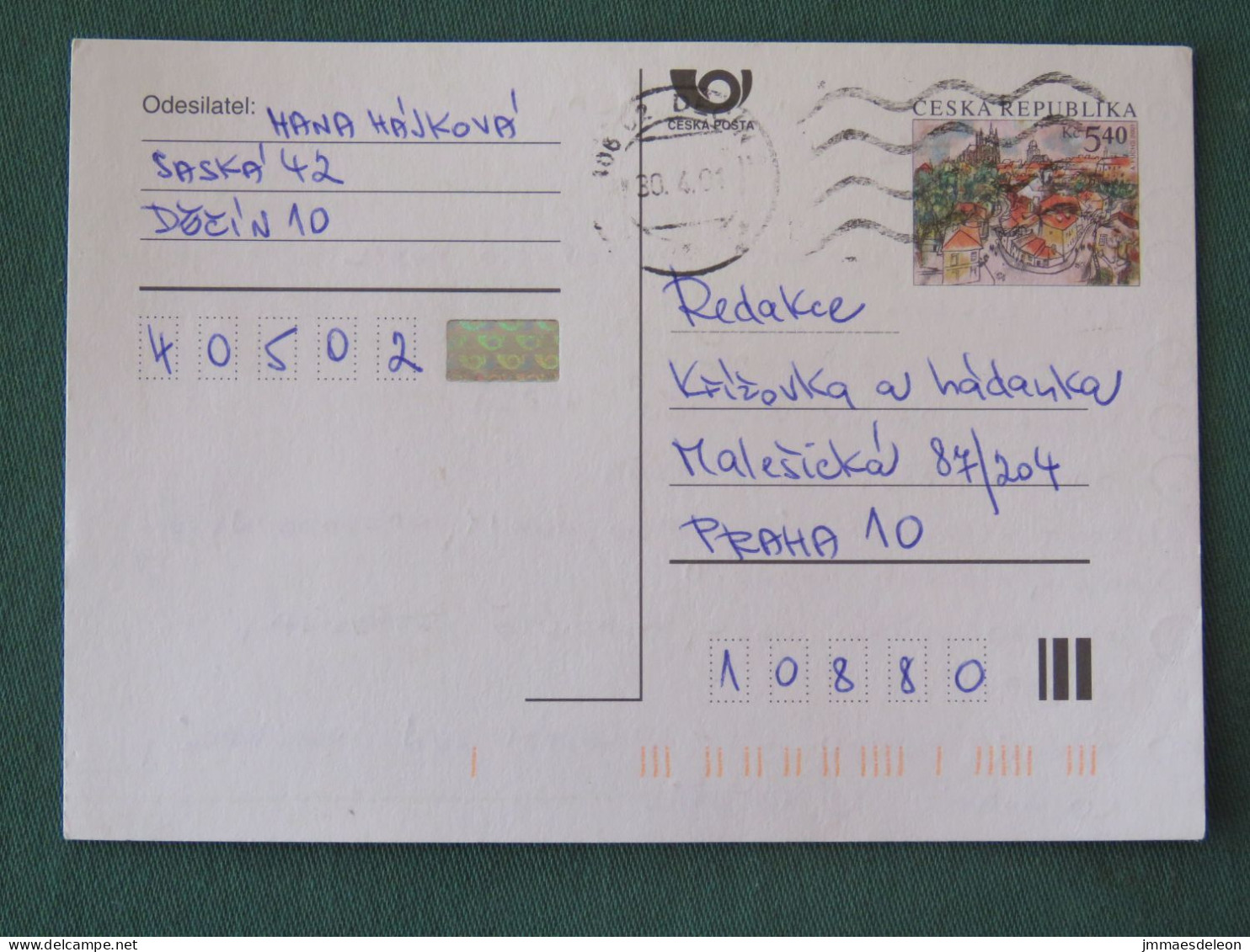 Czech Republic 2001 Stationery Postcard 5.40 Kcs Prague Sent Locally - Lettres & Documents