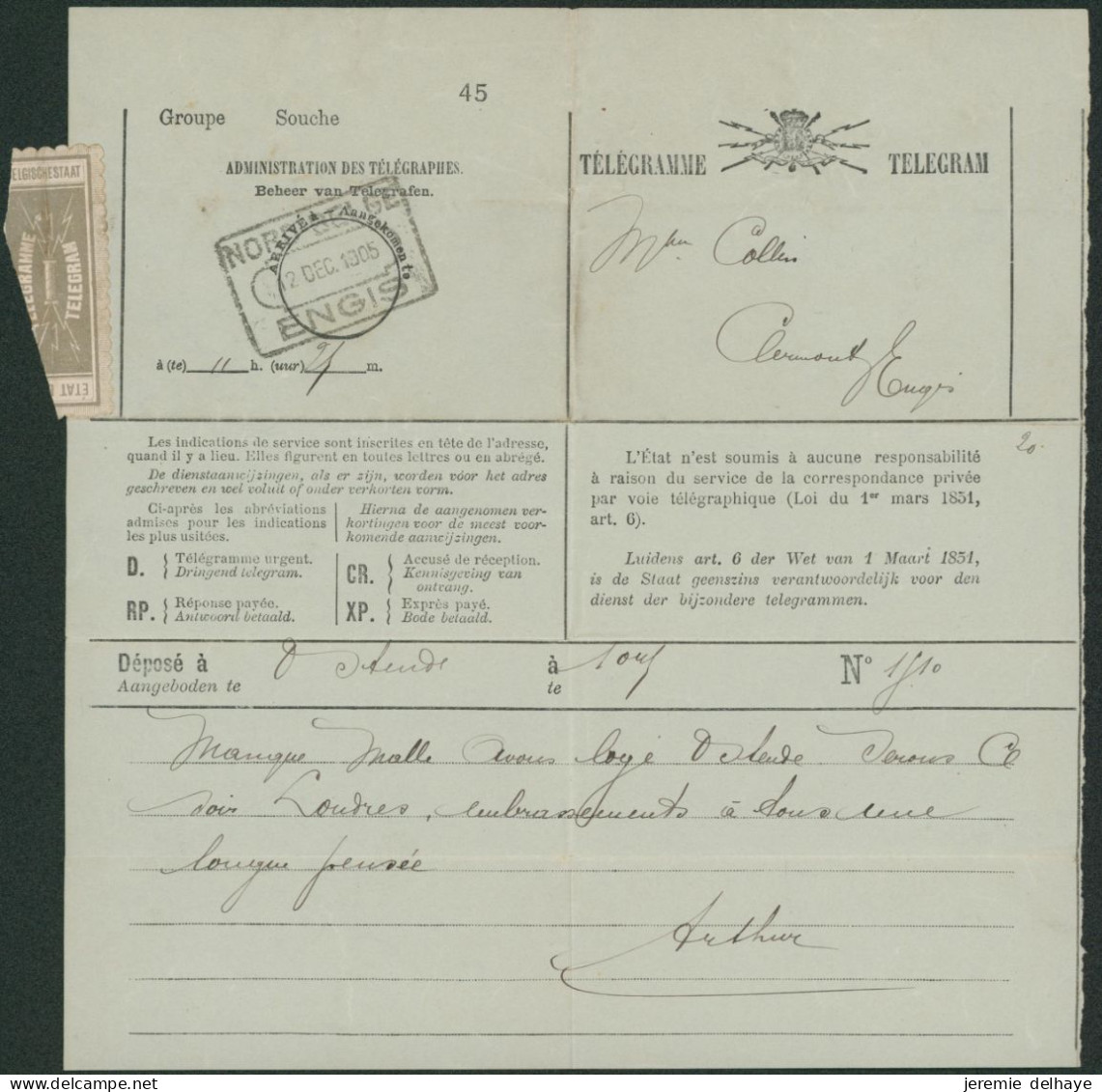 Télégramme (n° Non Visible) Déposé à Ostende + Cachet Chemin De Fer "Nord Belge / Engis" (1905). - Telegrams