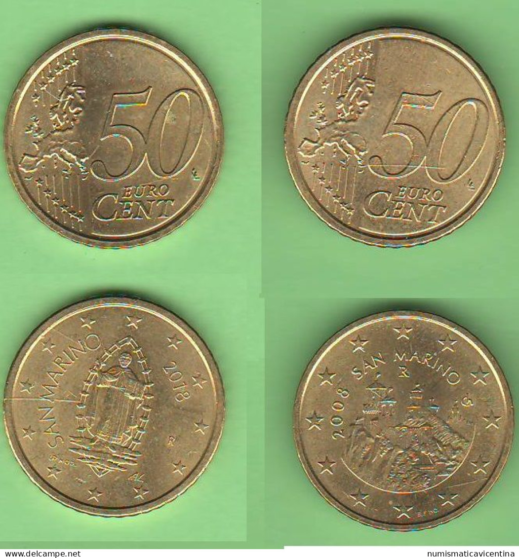 San Marino 0,50 € Euro Cents 1° + 2° Tipo Saint Marin 0,50 Cents 2008 + 2018 1° E 2° Tipo - San Marino