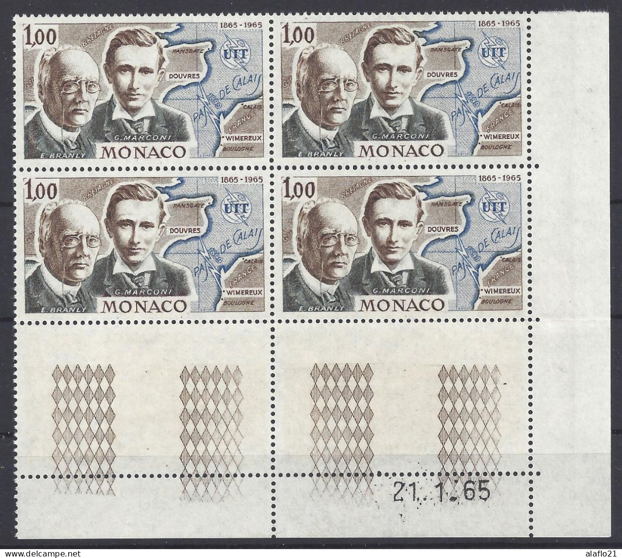 MONACO - N° 674 - CENTENAIRE De L'U.I.T. - Bloc De 4 COIN DATE - NEUF SANS CHARNIERE - 21/1/65 - Unused Stamps