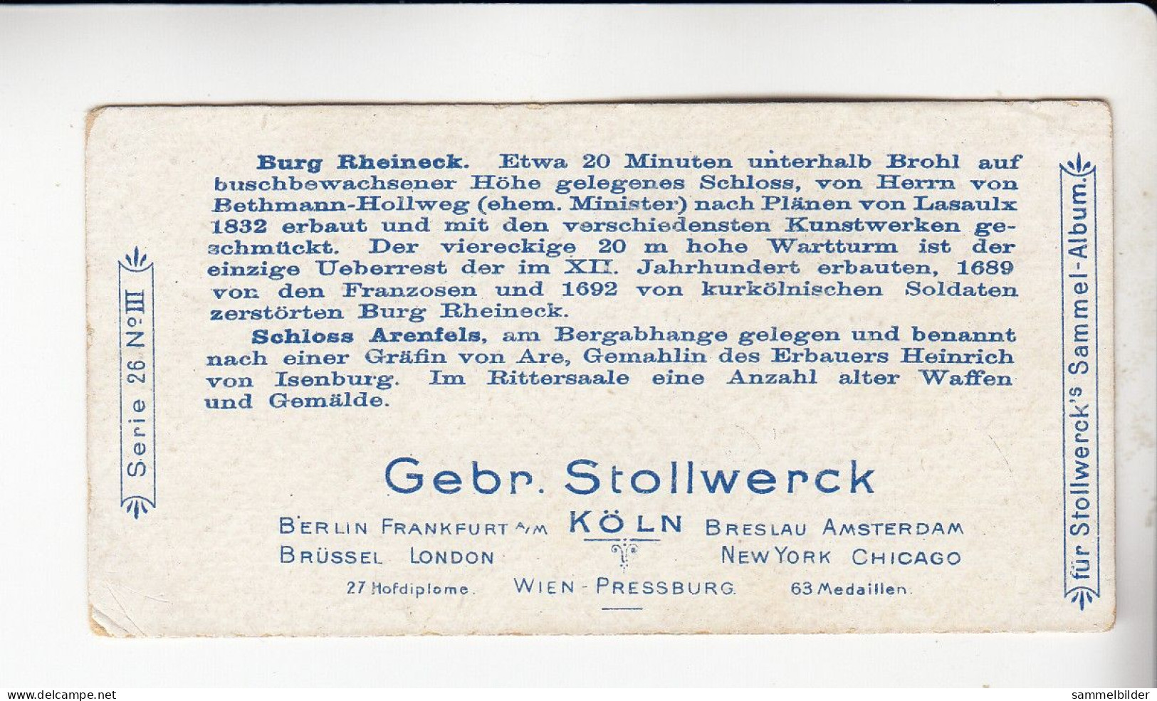 Stollwerck Album No 1  Rhein. Sclösser Und Burgen  Burg Rheineck  Schloss Arenfels    Gruppe 26 # 3  Von 1897 - Stollwerck