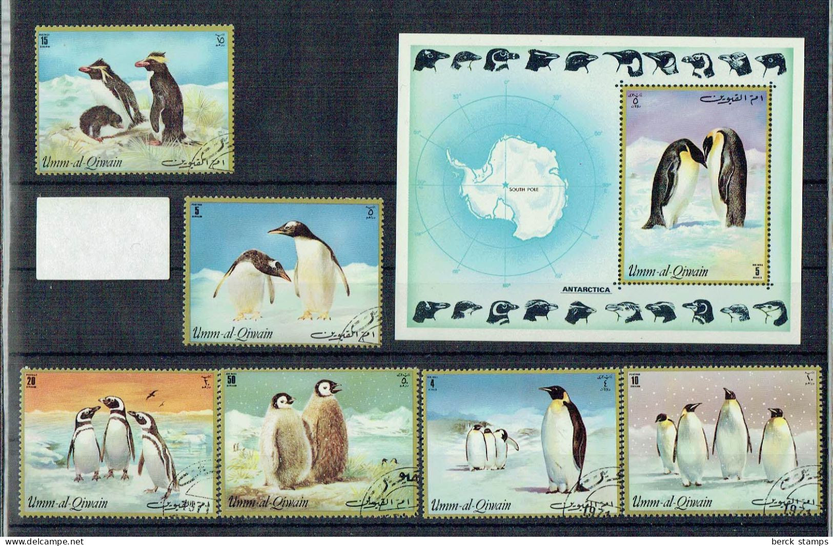 UMM- AL - QUIWAIM - Série De 6 Timbres + Bloc - Penguins