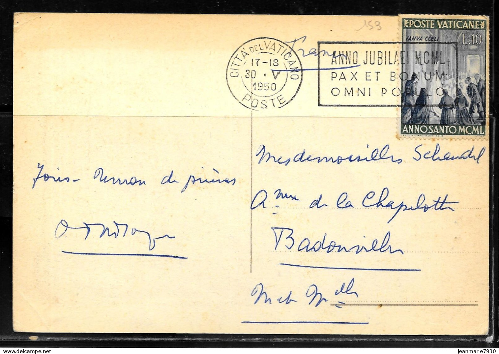 N261 - VATICAN - CP DU 30/05/1950 POUR BADONVILLER FRANCE - Briefe U. Dokumente