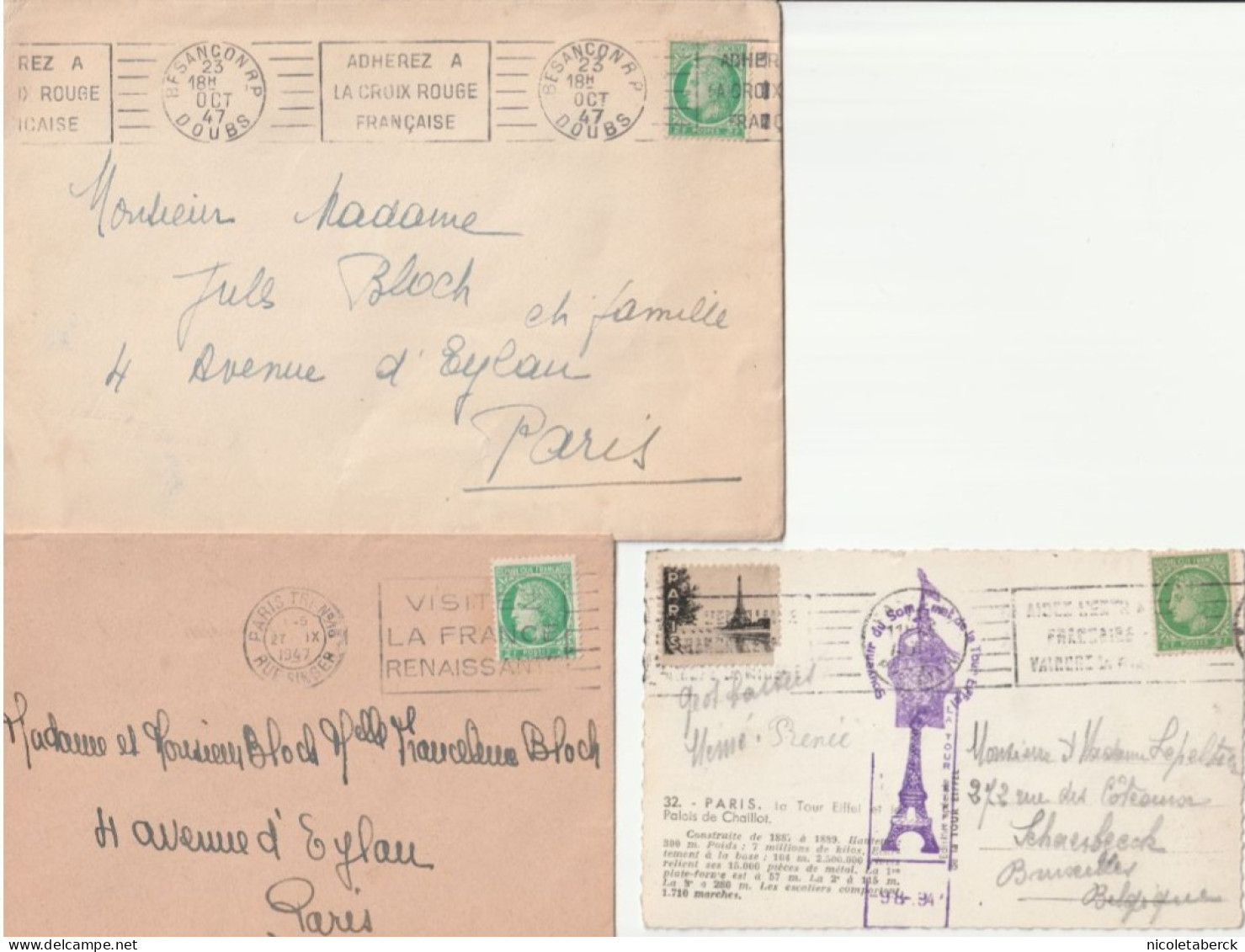 Cérès De Mazelin, N°680 2 Enveloppes Dont 1 Avec Flamme Croix-Rouge + Carte Tour Eiffel Avec Vignette Déchirée Mais Rare - 1945-47 Ceres De Mazelin