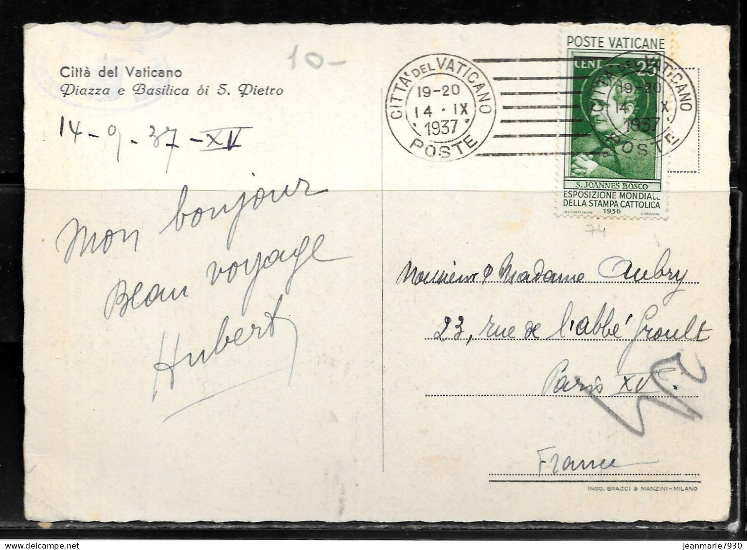 N260 - VATICAN - CP DU 14/09/1937 POUR PARIS FRANCE - Cartas & Documentos