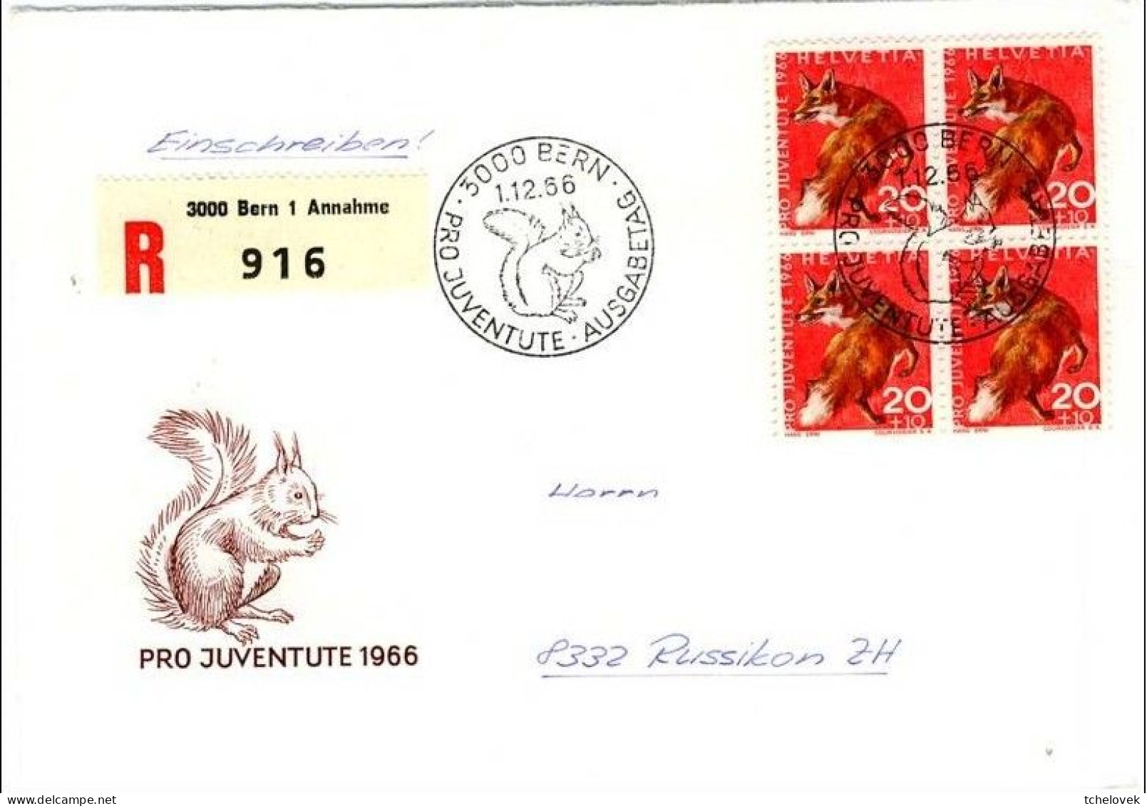 (Timbres). Suisse. Bern Berne 01.12.1966 Pro Juventute 1966 Ecurieul Renard - Cartas & Documentos
