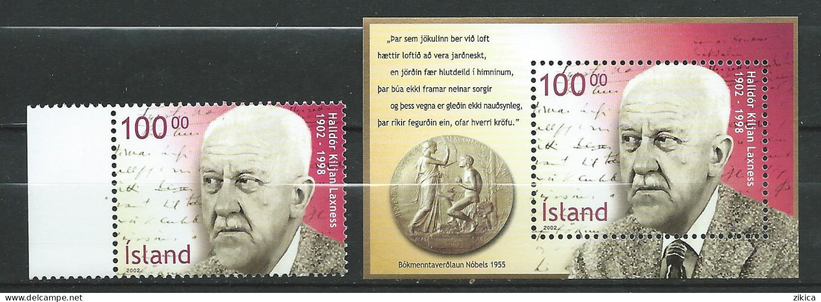 Iceland 2002 The 100th Ann. Of The Birth Of Nobel Prize Winner Halldor Laxness.Block And Stamp. MNH** - Unused Stamps