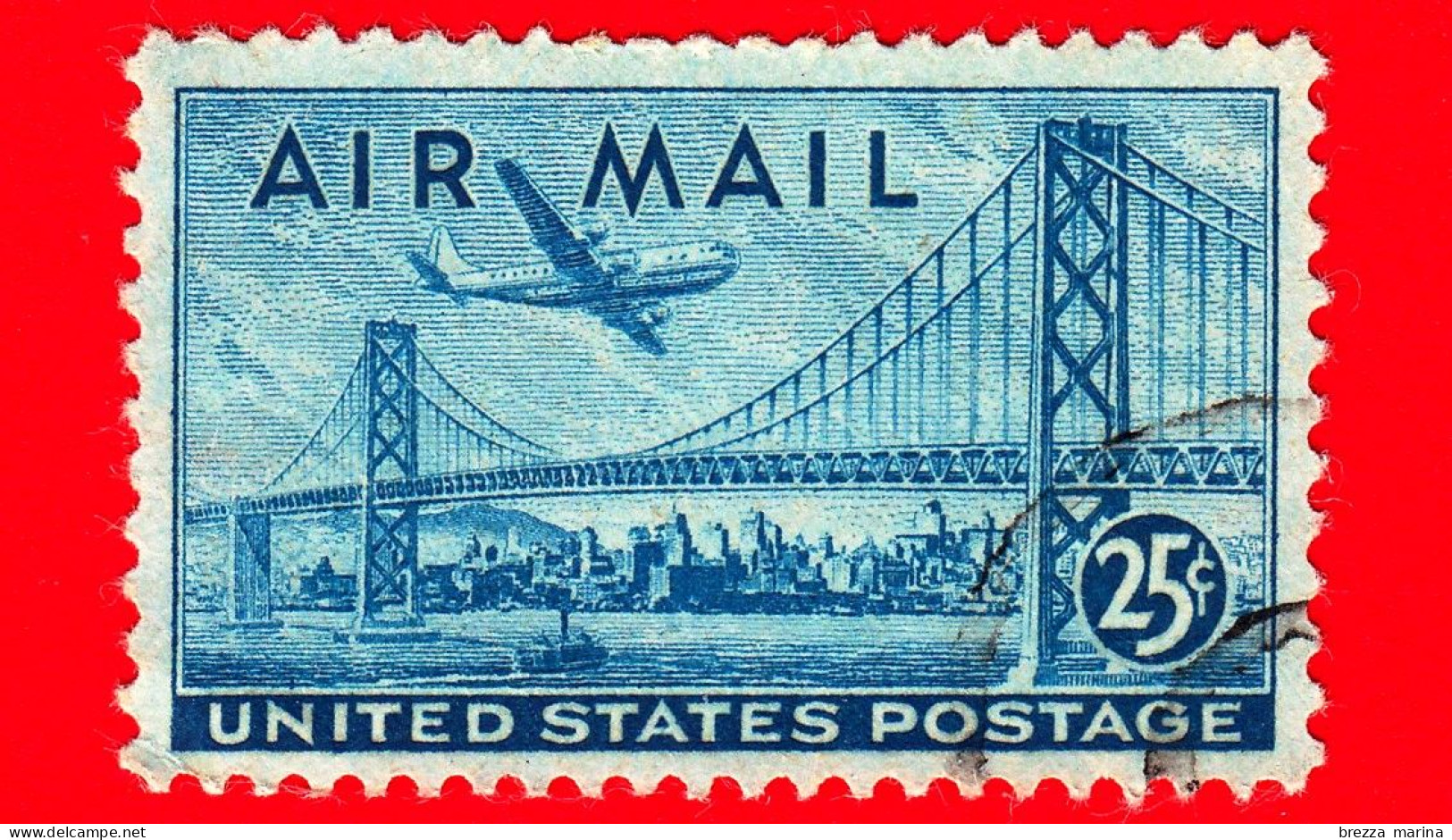 USA - STATI UNITI - Usato - 1947 - Ponte Tra San Francisco E Oakland Bay - Boeing B377  - 25 ¢ - 2a. 1941-1960 Afgestempeld