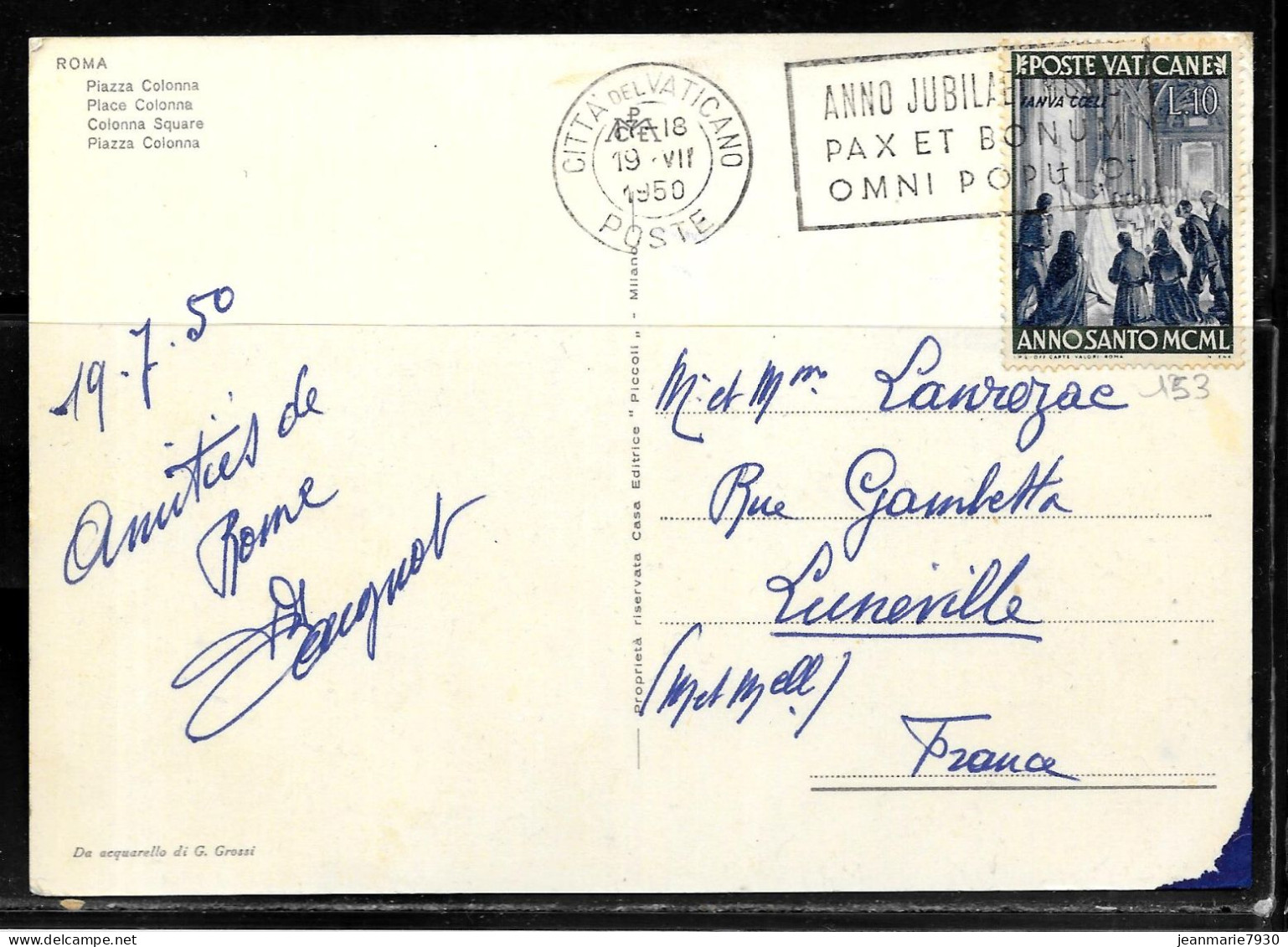 N257 - VATICAN - CP DU 19/07/1950 POUR LUNEVILLE FRANCE - Storia Postale