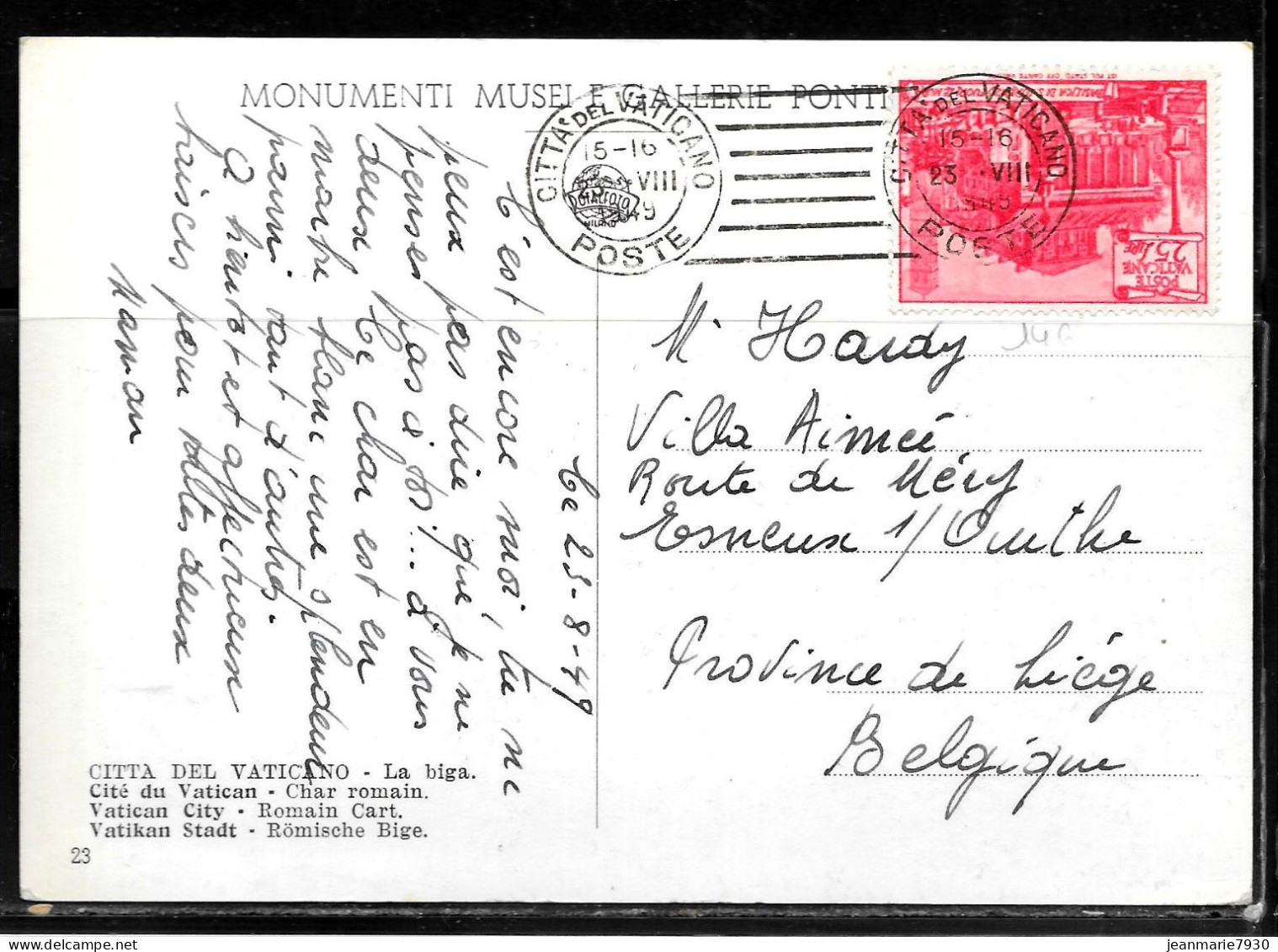 N256 - VATICAN - CP DU 23/08/1949 POUR LA BELGIQUE - Briefe U. Dokumente