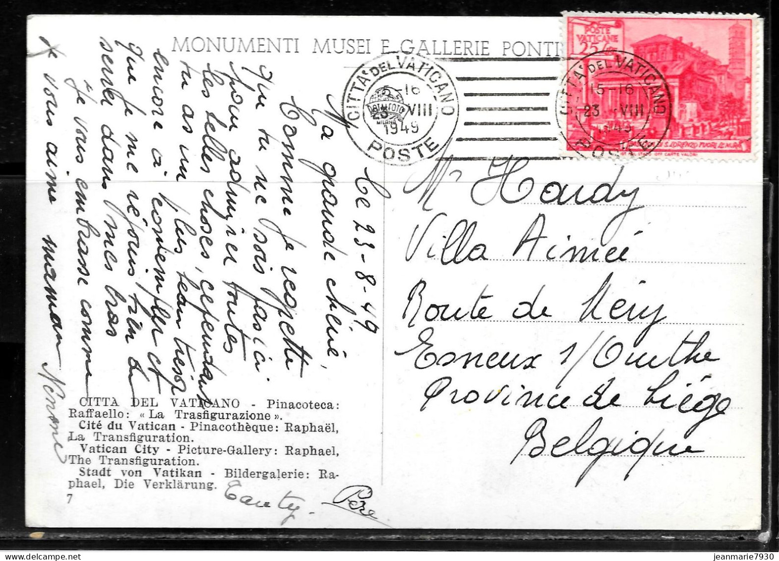 N255 - VATICAN - CP DU 23/08/1949 POUR LA BELGIQUE - Lettres & Documents