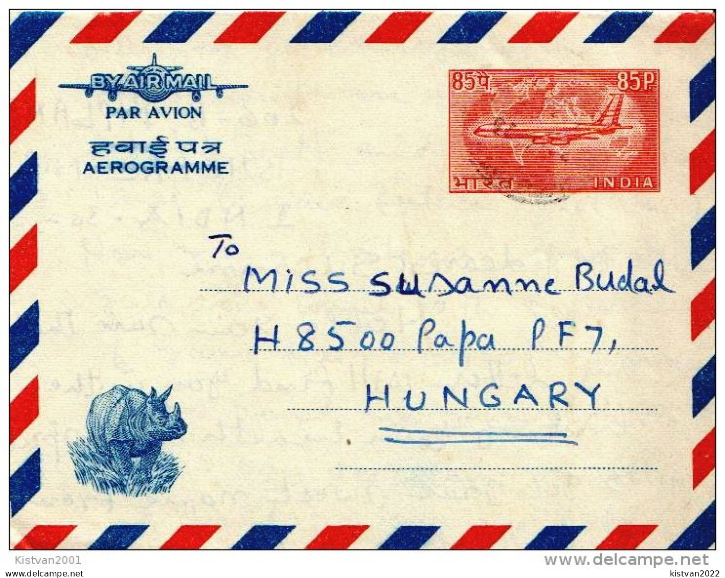 Postal History: 3 India Aerogrammes - Rhinozerosse