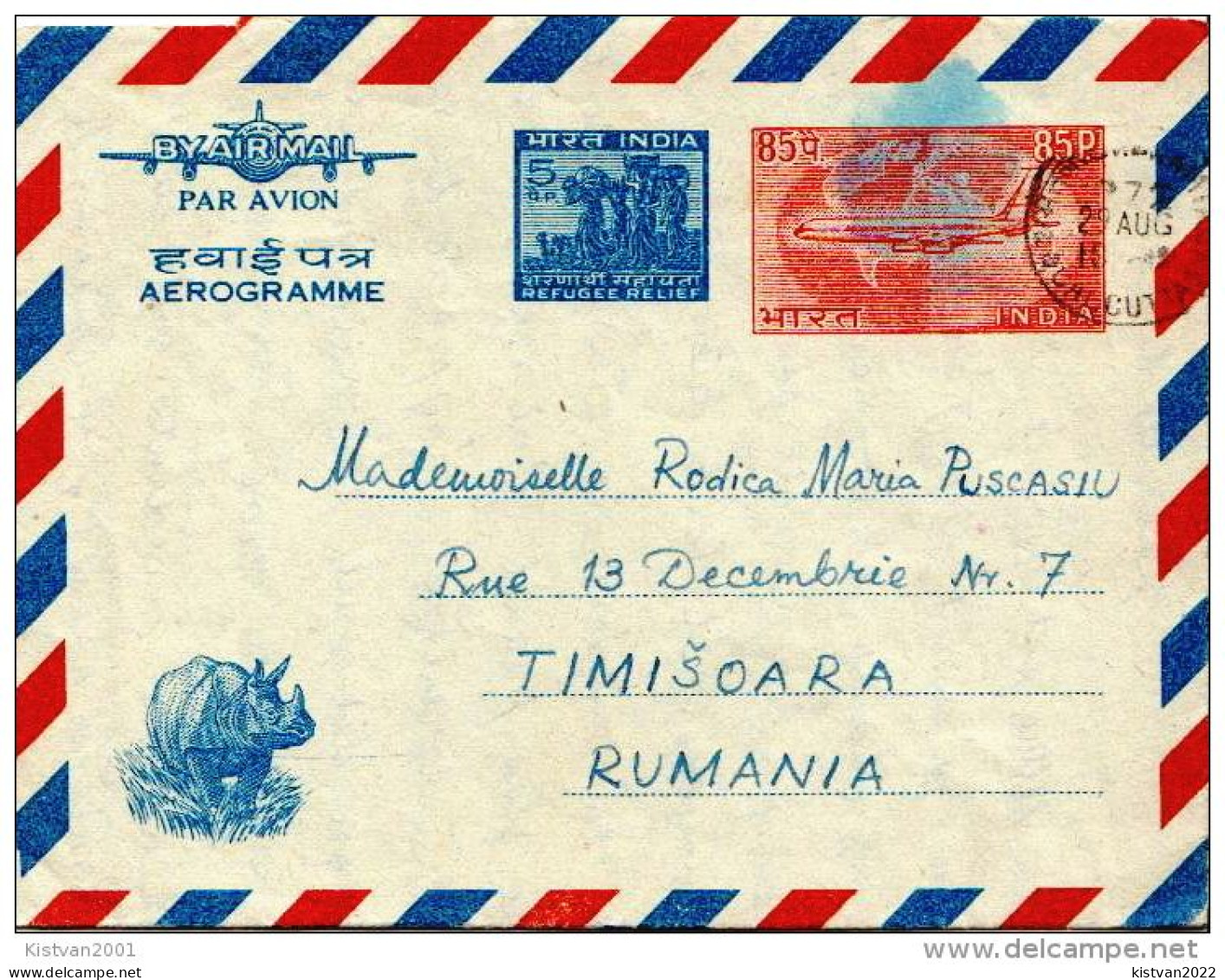 Postal History: 3 India Aerogrammes - Neushoorn
