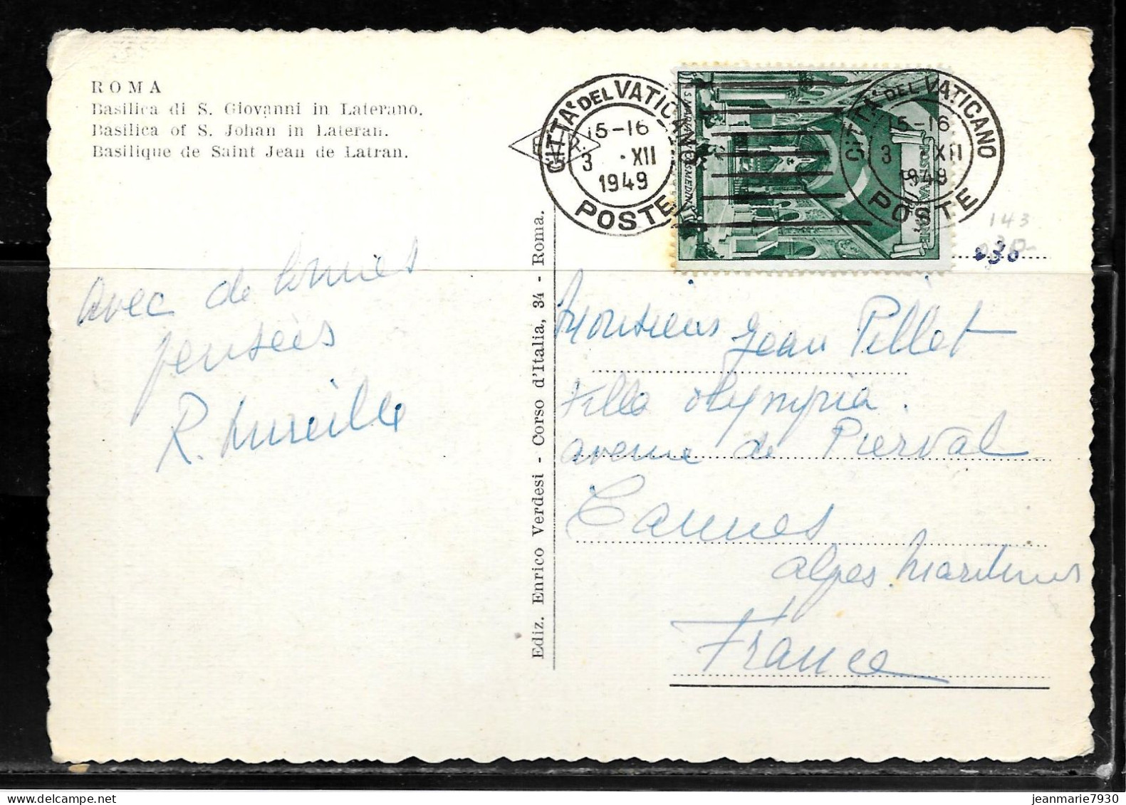 N254 - VATICAN - CP DU 03/12/1949 POUR CANNES FRANCE - Brieven En Documenten